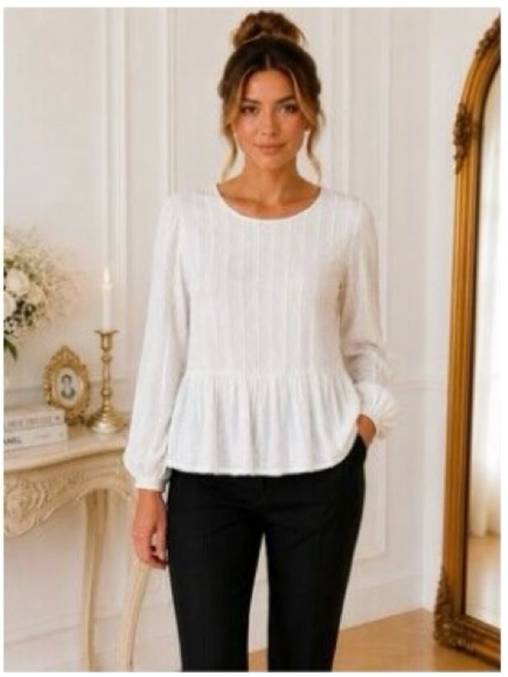 LOFT White Textured Long-Sleeve Peplum Top